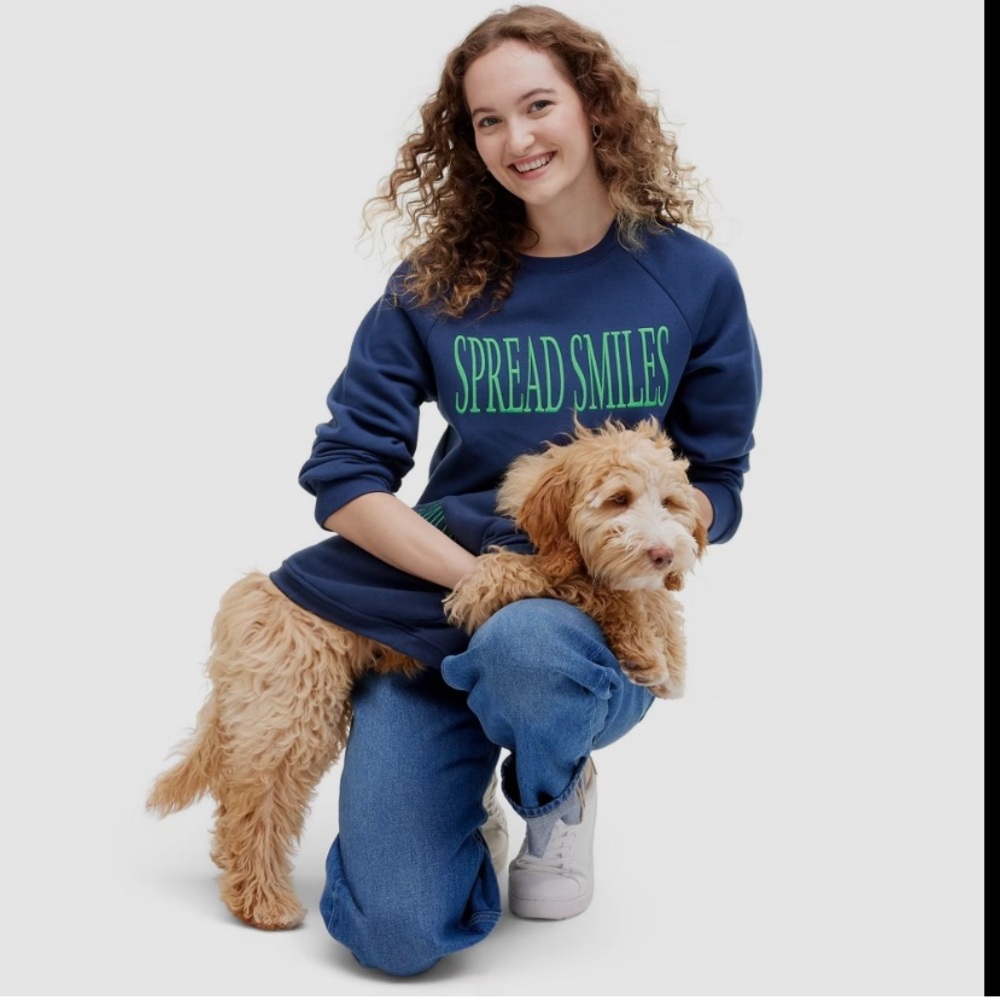 Cuddle Collab Spread Smiles Navy Blue Crewneck Sweatshirt Green Embroidery NWT - Picture 2 of 5